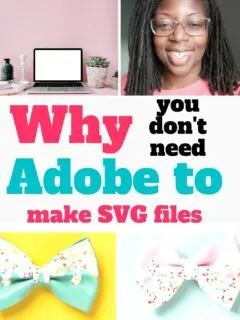 computer on desk, hair bow,overlay text why you don't need adobe to make svg files