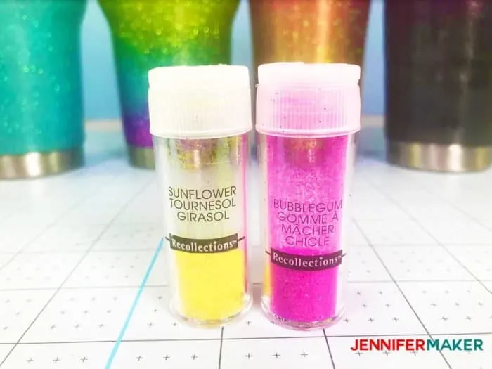 yellow and pink glitter in shaker containers