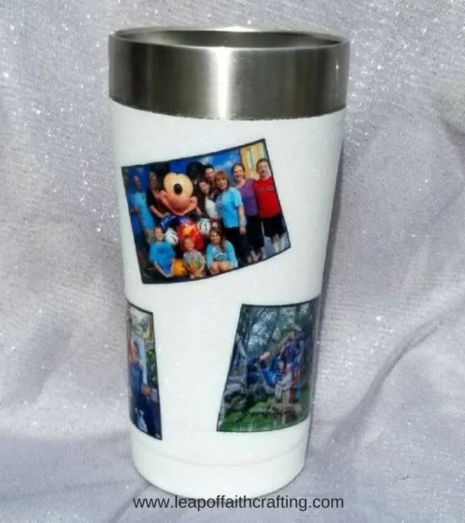 white tumbler with photo stickers on the sides