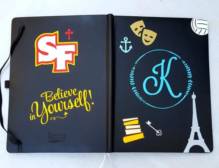 black journal with heat transfer vinyl stickers