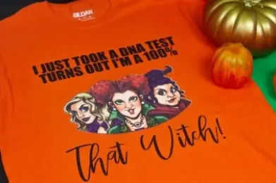 orange t-shirt with sublimation design of hocus pocus witches