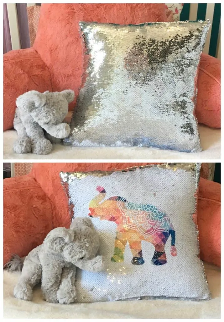 sequin reversible pillow with multi color elephant image