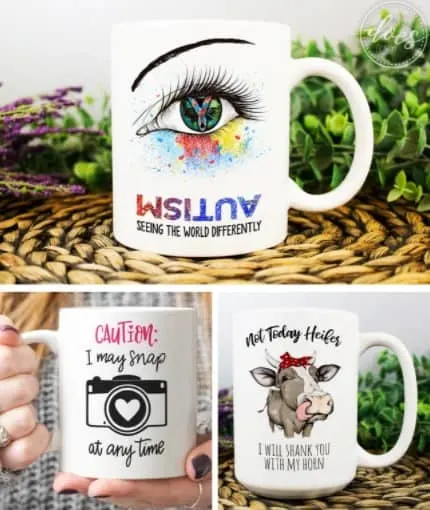 3 white coffee mugs with sublimation drawings