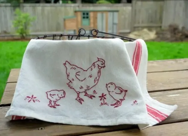 redwork chicken tea towel