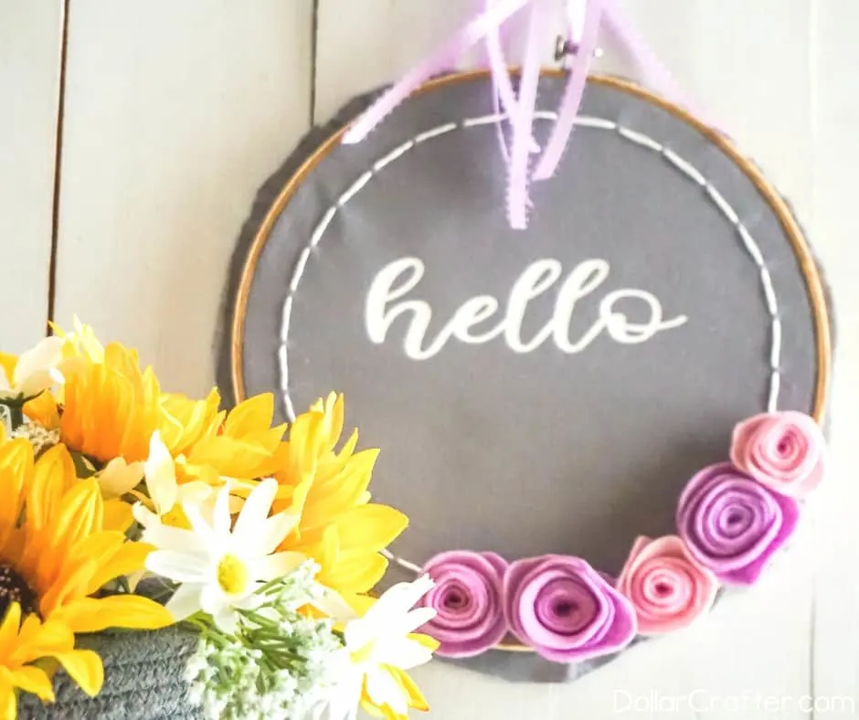 words hello on embroidery hoop