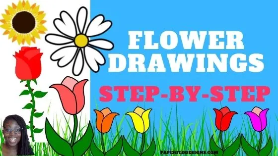 flower drawings, daisy, rose, tulip and sunflower