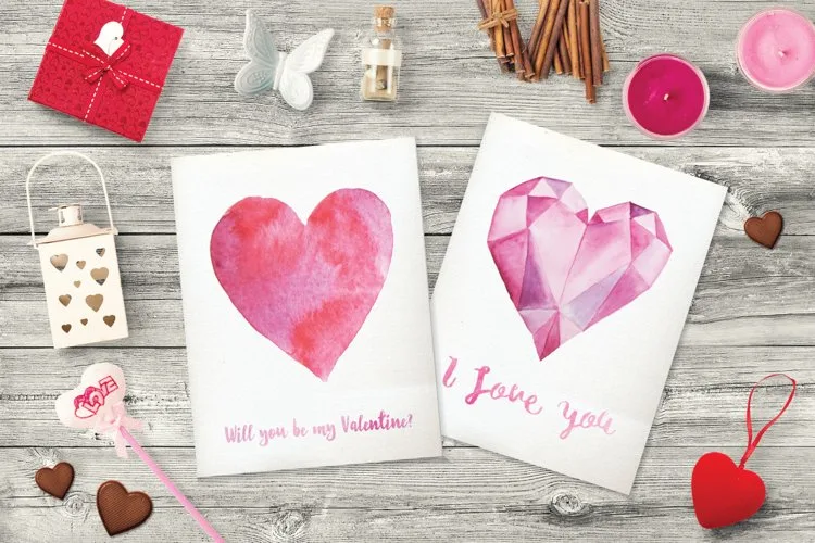 valentine cards with watercolor hearts
