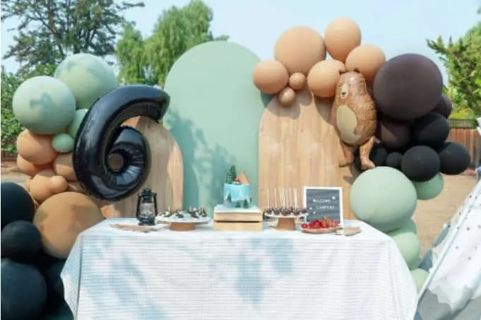 outdoor camping party with balloons decorations around a table