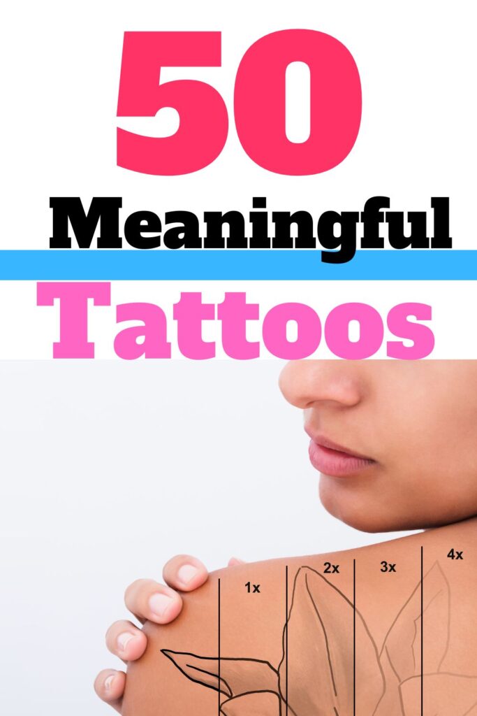 woman looking over her shoulder at a tattoo with vertical lines and letters and a flower