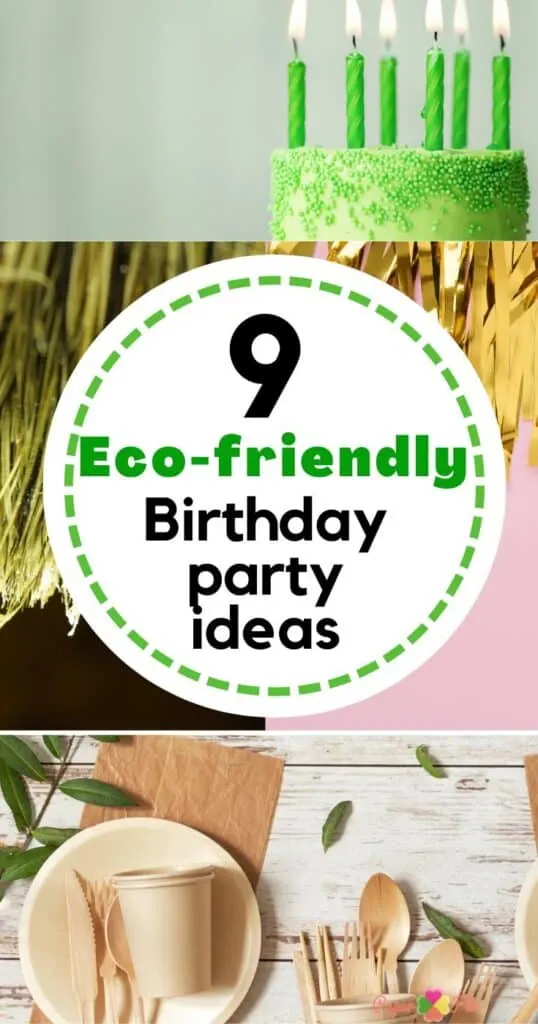 birthday cake with green candles, natural fiber party banner, recyclable party utensils