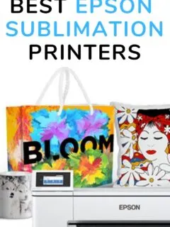 epson sublimation printer in front of hand made craft items (mug, bag and pillow)