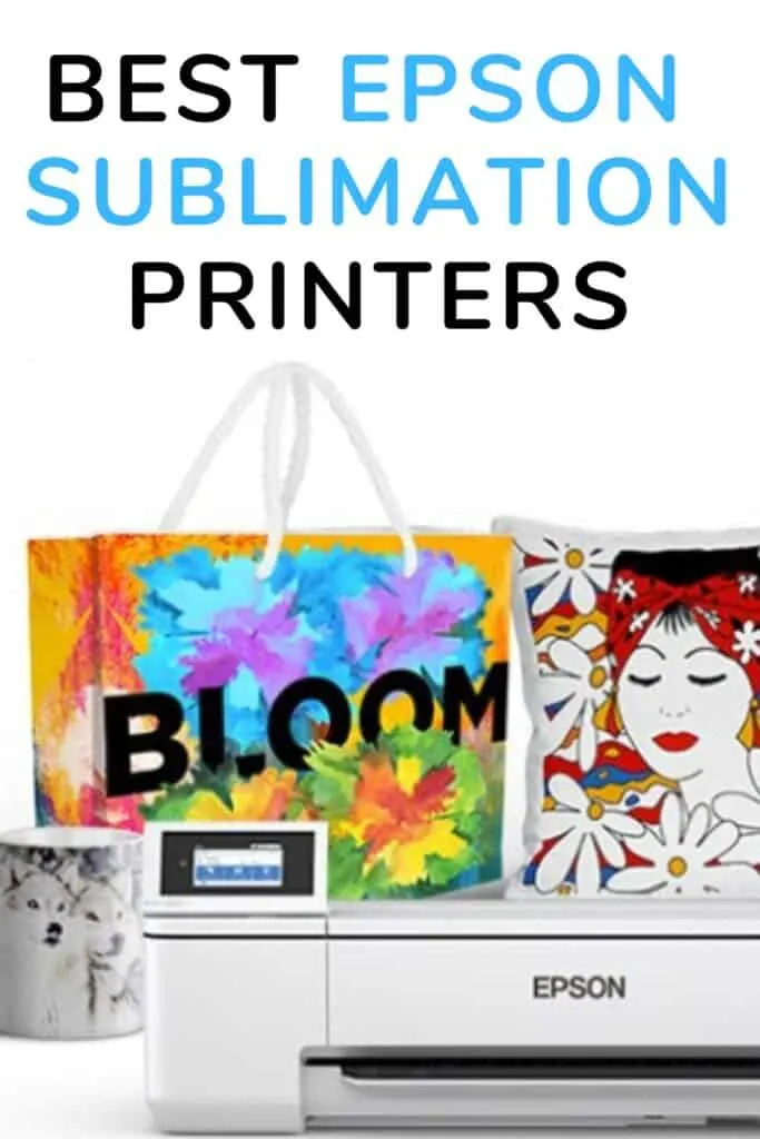 sublimation printed mug with wolves, tote bag with watercolor flowers, pillow with lady surrounded by flowers all behind an epson dye sublimation printer