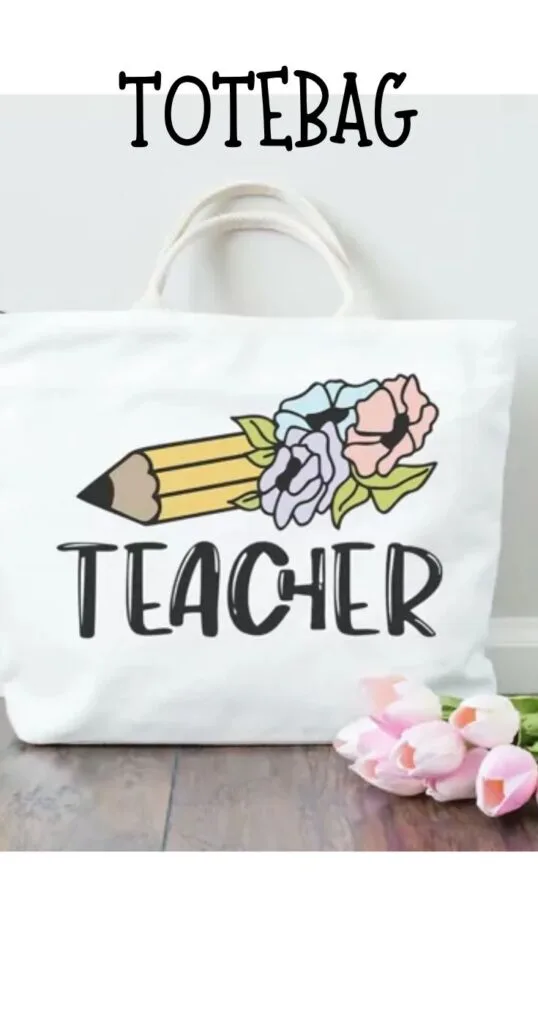 totebag with a pencil, flowers and the word teacher written on it