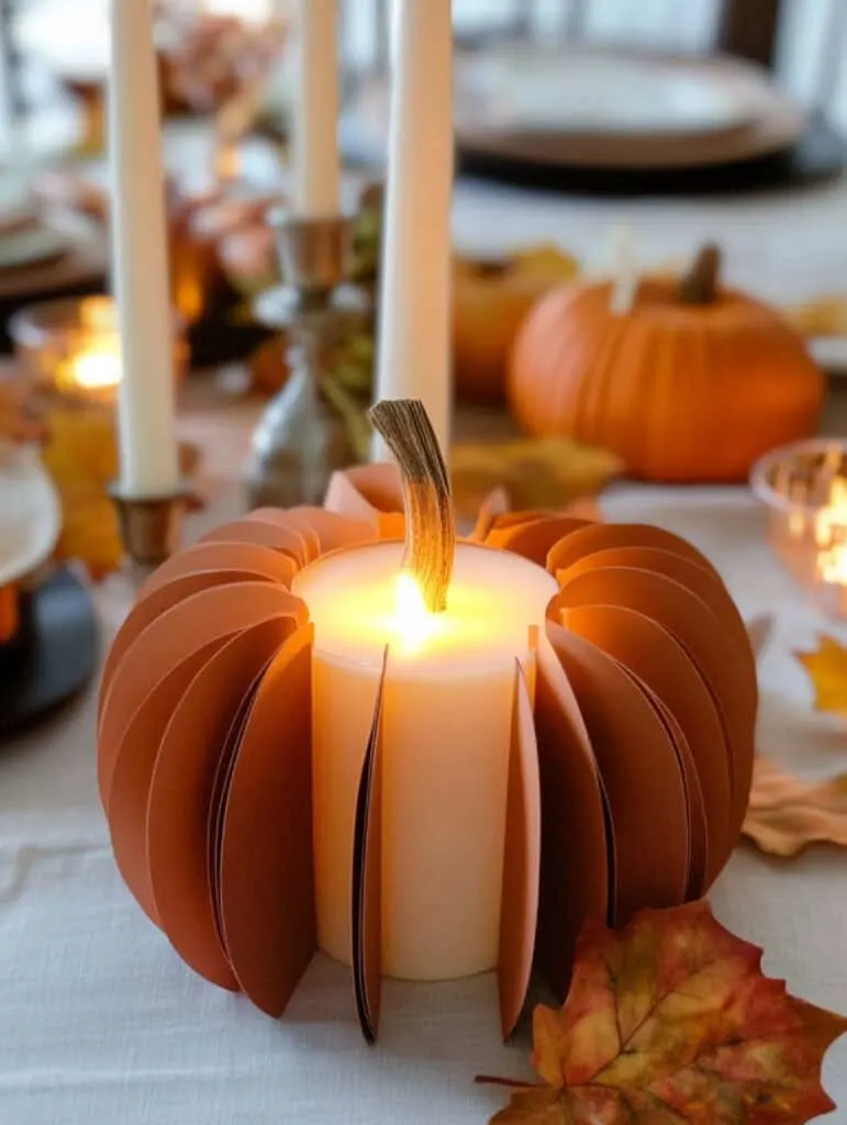 Create a unique centerpiece with this paper pumpkin candle holder, perfect for easy DIY Thanksgiving crafts. It’s also a great option for small fall crafts for adults or November ideas for seniors who enjoy creative table settings.