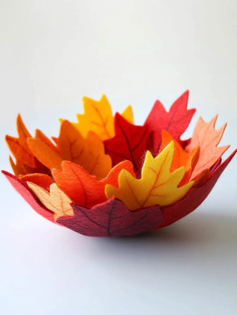 A colorful felt leaf bowl made out of leaf shapes..