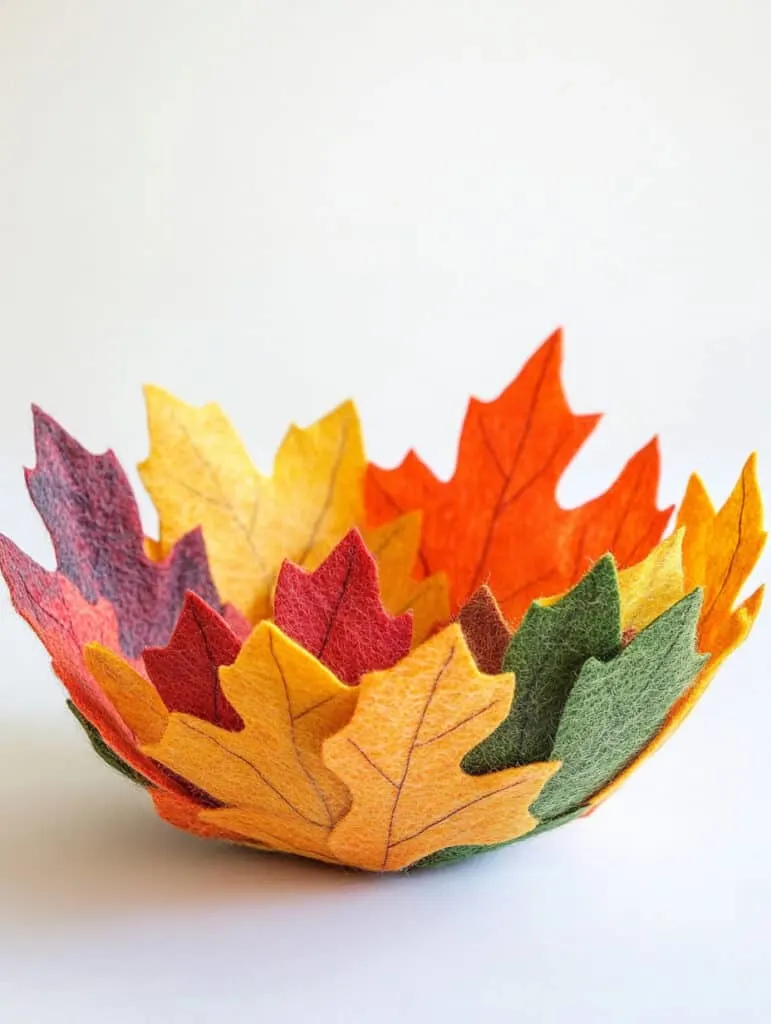 A colorful felt leaf bowl made out of leaf shapes..