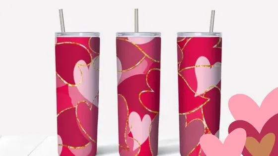 valentine's day heart sublimation design on a set of skinny tumblers
