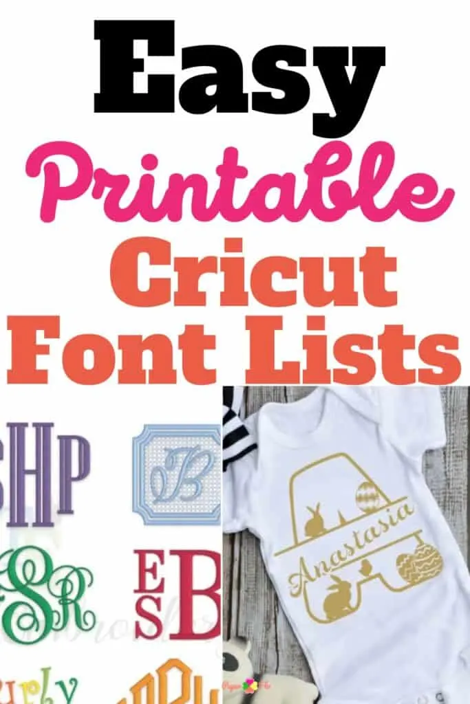 printabl font lists with 3 letter monogram designs in different colors and a baby onesie with a golden letter A on a wooden background