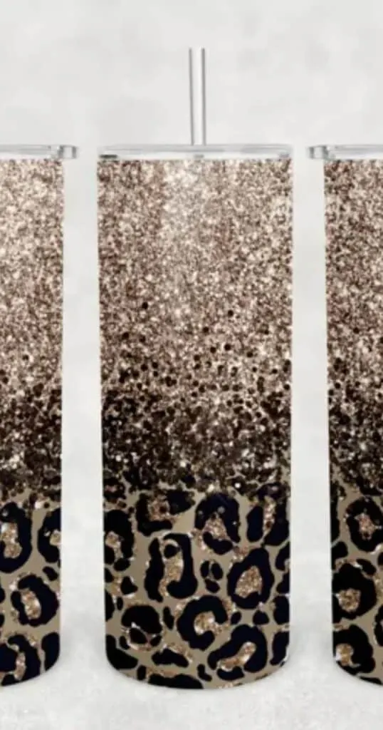 3 leopard print glitter sublimation tumblers with straws
