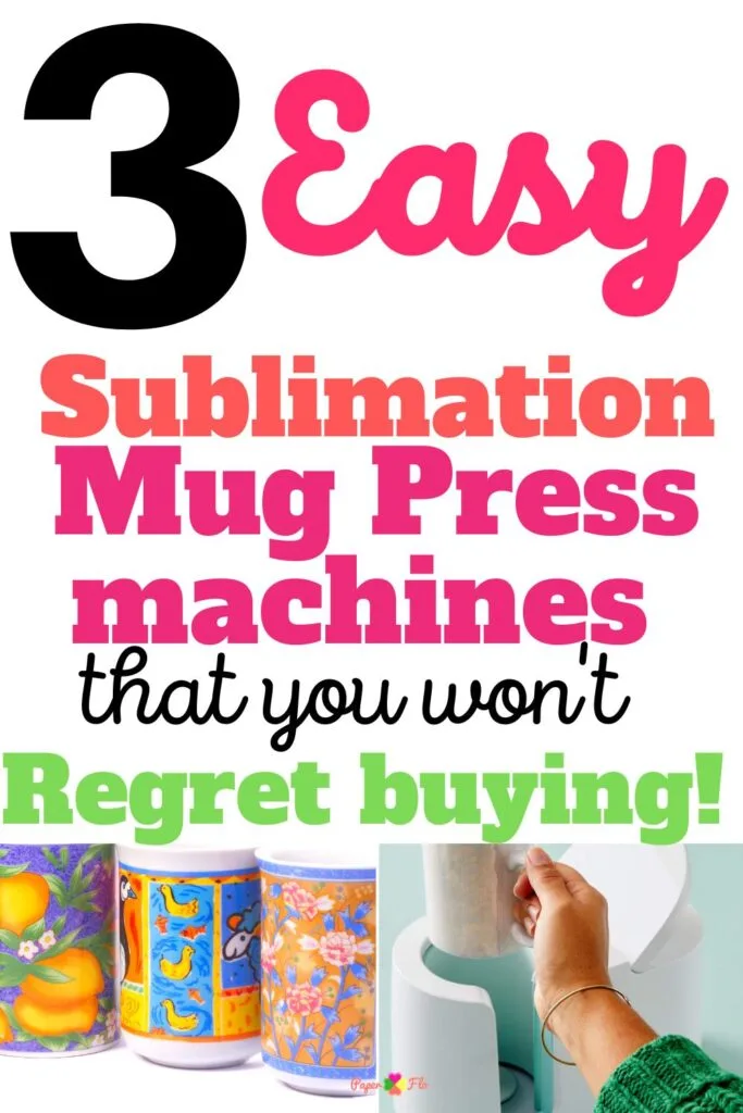 set of 3 sublimation mugs on a surface and a woman's hand putting a mug into a mug press