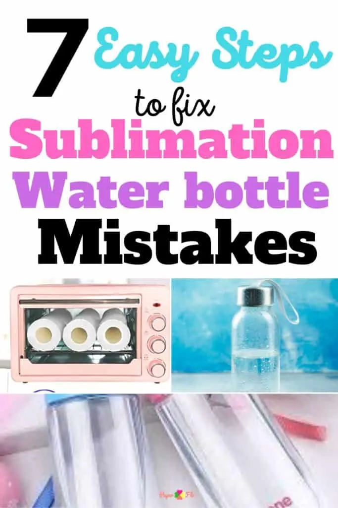 A colllage of three photos. The first is a a sublimation oven with 3 tumblers inside. The second is a water bottle. The third is 2 water bottles on their side.