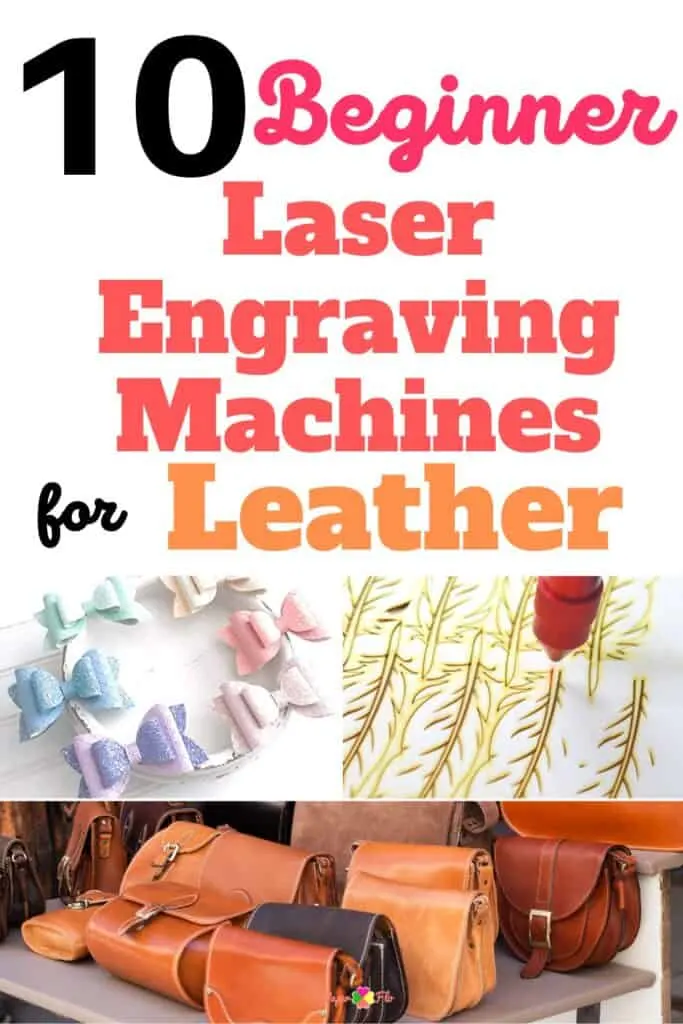 leather hair bows, laser engraving machine engraving feather designs, leather handbags on a table.