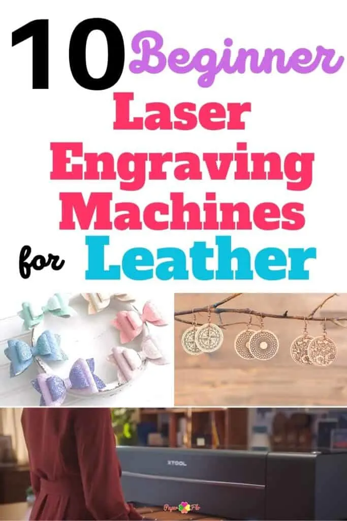 leather hair bows, engraved leather earrings hanging from a tree branch and a laser engraving machine