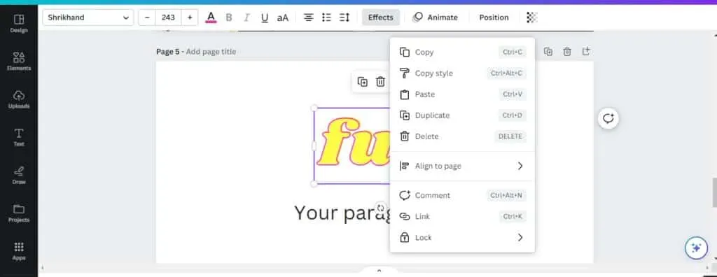 Text box with the words fun. A drop down menu is open showing the Copy style feature in Canva