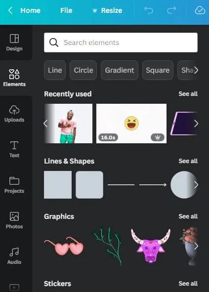 Elements menu panel in Canva showing videos, graphic and stickers