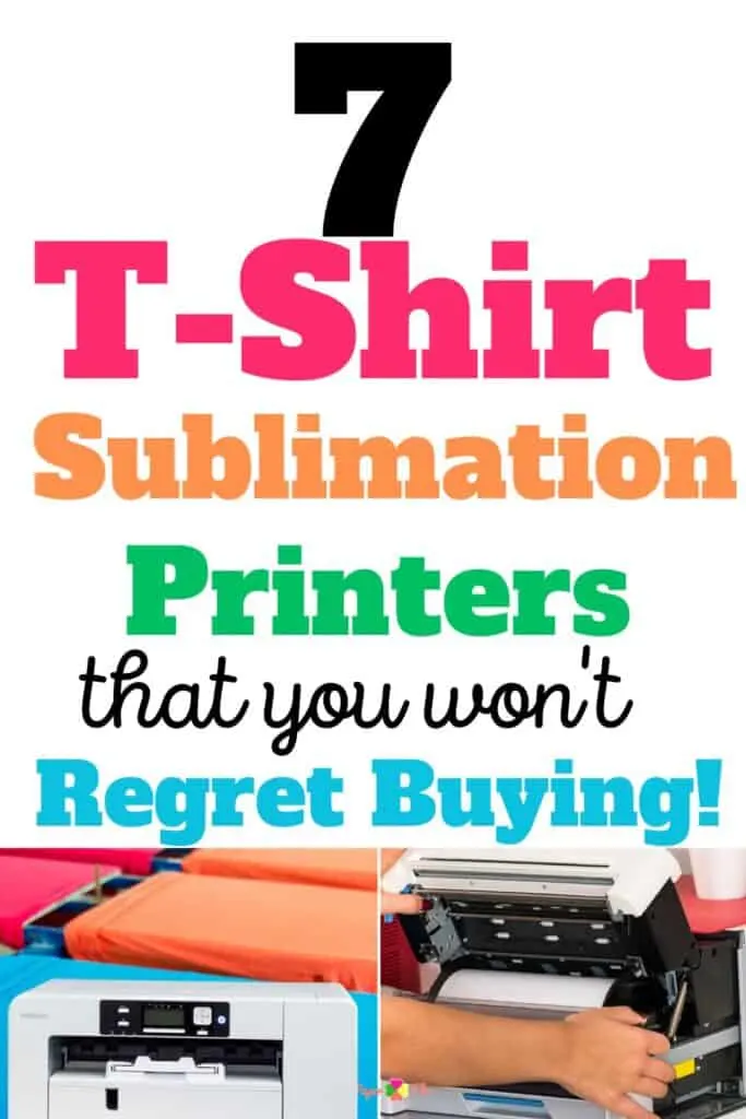 sublimation printers against a backdrop of colored t-shirts.