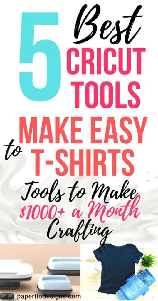 cricut tools on a wooden table and a flatlay shot of a black t-shirt and a folder pair of jeans