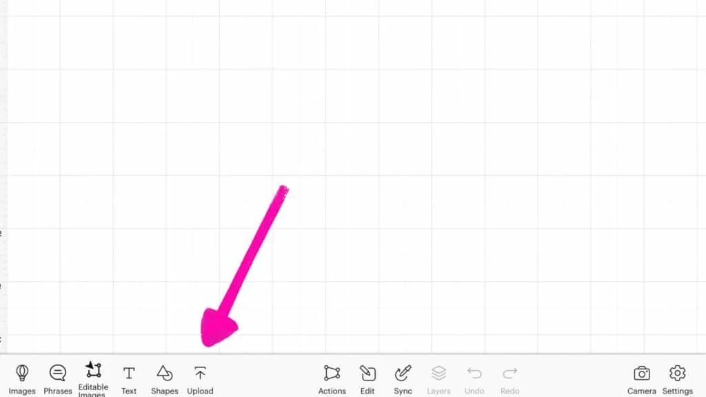 arrow pointing to the upload button in Cricut Design Space
