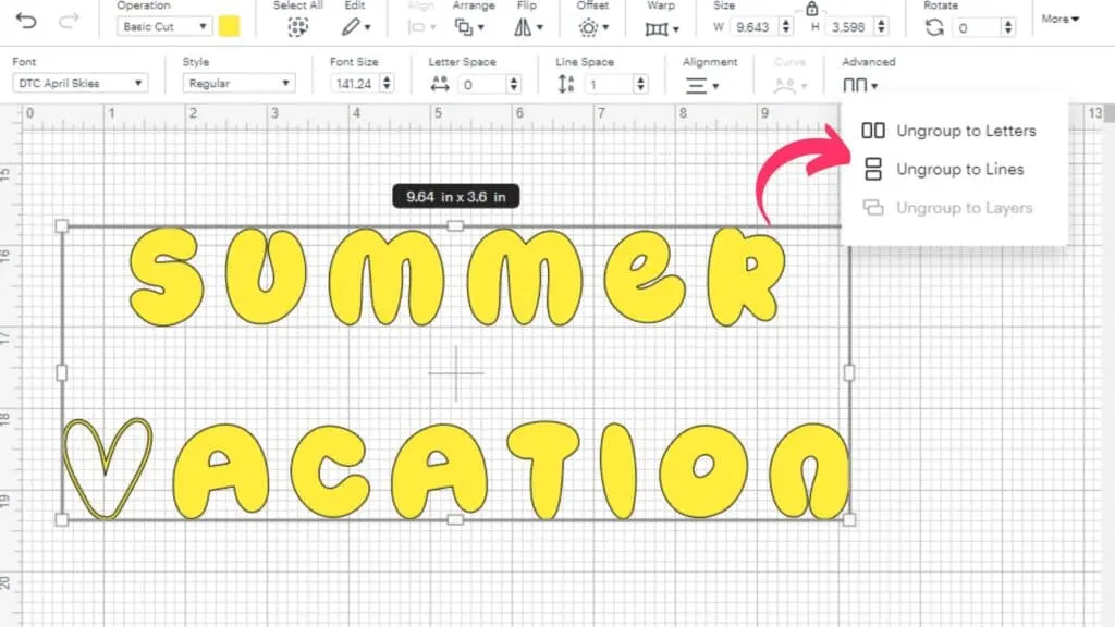 Curve text with Ungroup to lines in Cricut Design Space