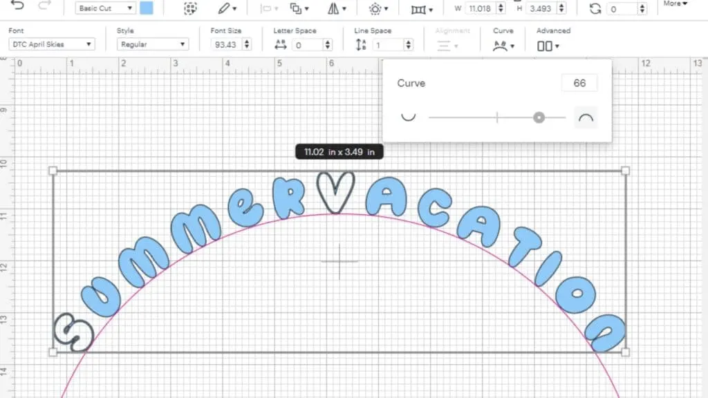 Slider in the curve tool function of Cricut Design Space