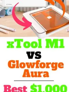 xTool M1 laser engraver and Glowforge Aura laser machine with a desk in the background and craft supplies.