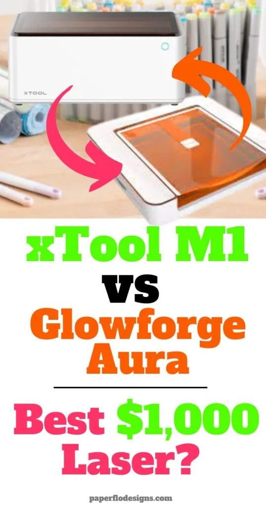 xTool M1 laser engraver and Glowforge Aura laser machine with a desk in the background and craft supplies.