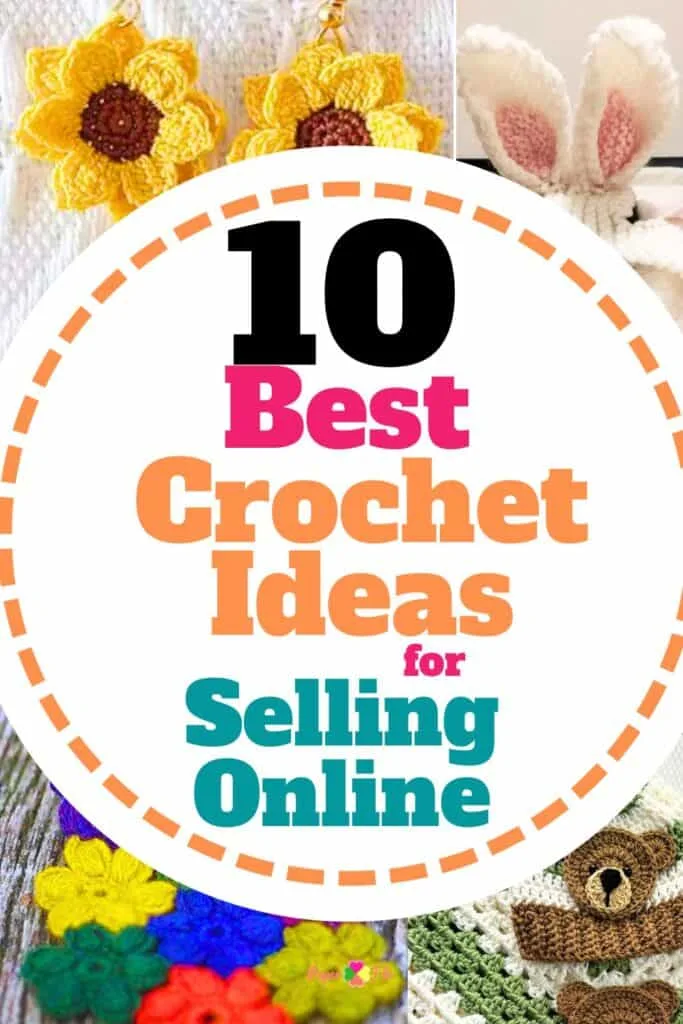 Crochet crafts to sell online like a muticolored flower scarf, daisy earrings, a teddy bear baby blanket and a bunny rabbit ears costume for a cat.