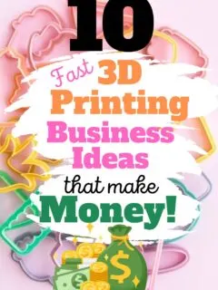 a pile of 3d printed cookie cutters in the background. The foreground text is 10 Fast 3D Printing Business Ideas that make Money