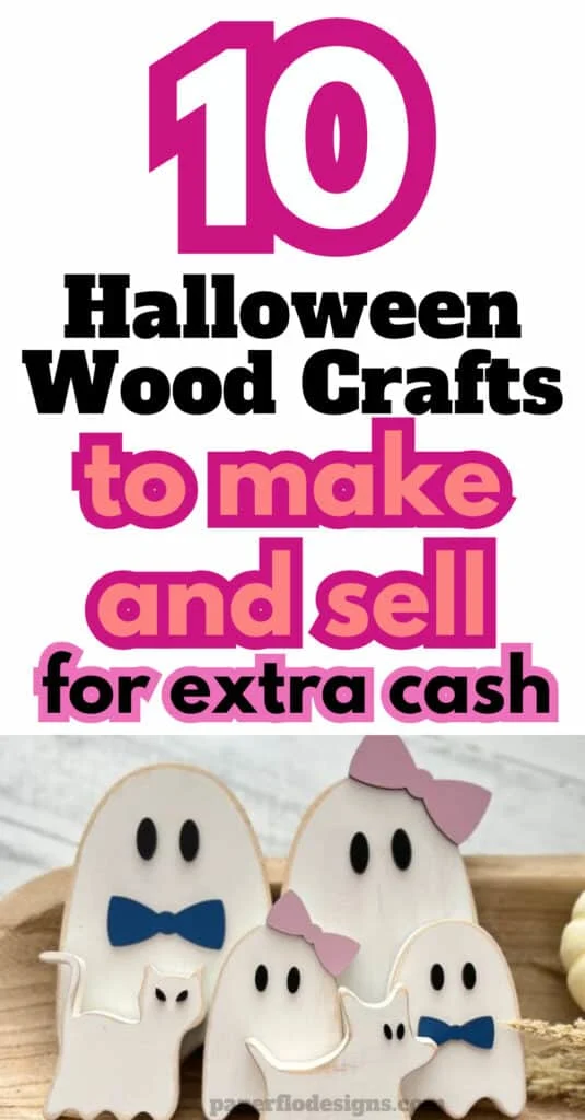 A ghost family Halloween wood craft. The set includes two adult ghosts and two kid ghosts. The mom and daughter ghosts each have a bow on their head and the dad and son each are wearing a bowtie. There is also a cat and a dog beside the ghosts.