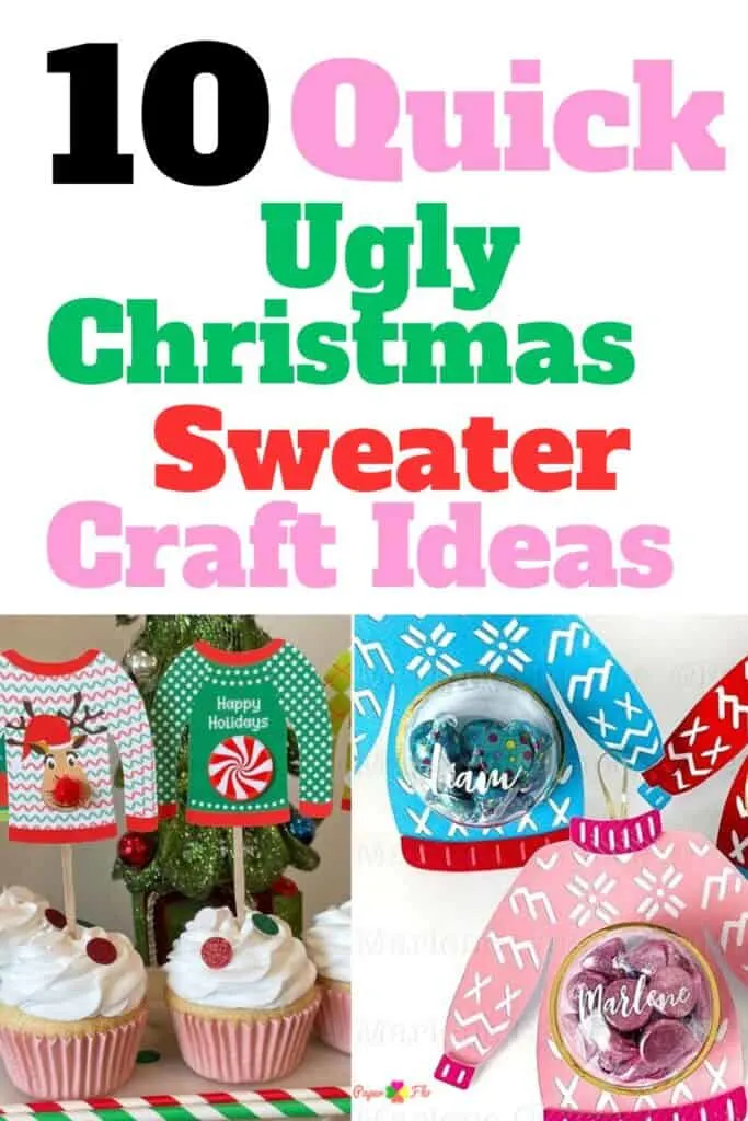 Two ugly sweater craft ideas like cupcake toppers and candy holders.