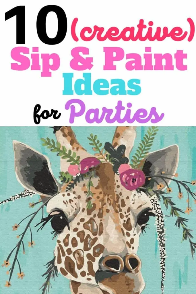 Painting of a giraffe with flowers on it's head for a sip and paint party.