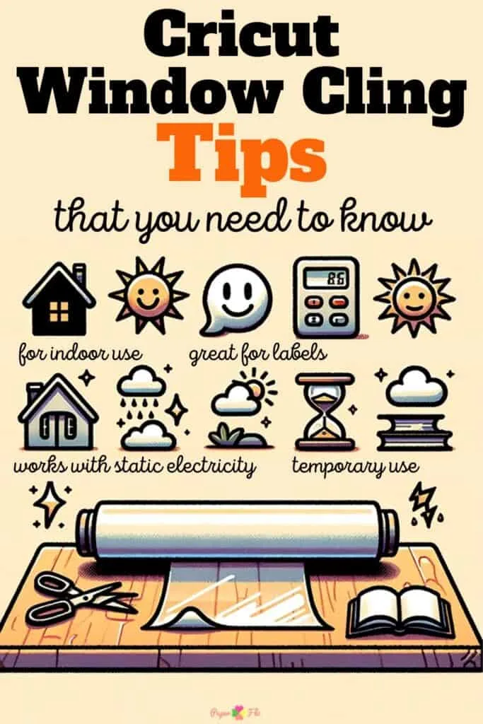 Illustration of a table setup. On the left, there's a roll of 'Cricut Window Cling' with symbols above it: a static spark (representing static electricity), a house (indicating indoor use), a smiling face (indicating user-friendliness), a sand clock half-empty (representing temporary usage), and a pristine clear surface (indicating no residue). On the right, there's a roll of 'Vinyl' with symbols above it: a sticky note (indicating adhesive backing), a sun and rain cloud (indicating outdoor use), a book (indicating a learning curve), a full hourglass (indicating long-term usage), and a sticky stain (indicating possible residue).
