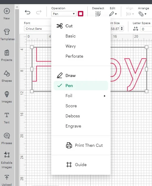 A drop down menu showing the draw pen feature in Cricut Design Space.