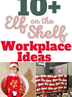 An elf on the shelf in a bowl of cereal and desk wrapped in Christmas wrapping paper as a joke from an elf.