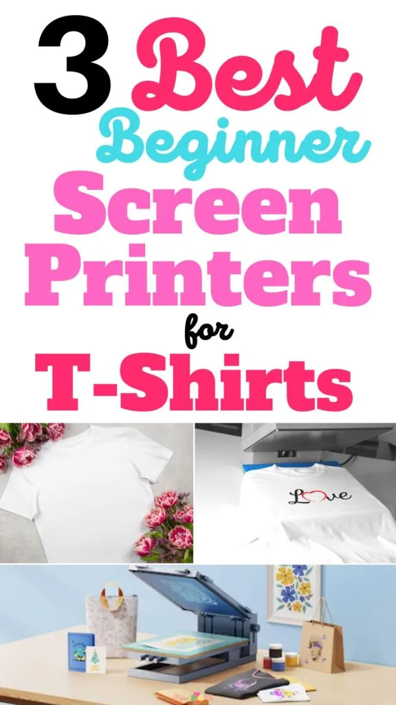 A plain white t-shirt on a table with pink flowers beside it, the second shows a t-shirt with the word "Love" printed on it resting on a heat press machine, and the third image displays a manual screen printing press with a blue frame set up on a table with printed materials, a tote bag, and ink containers around it. The background is white, emphasizing the vibrant pink and blue text and the screen printing equipment.
