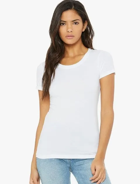 A woman with long brown hair wearing a white blank t-shirt.