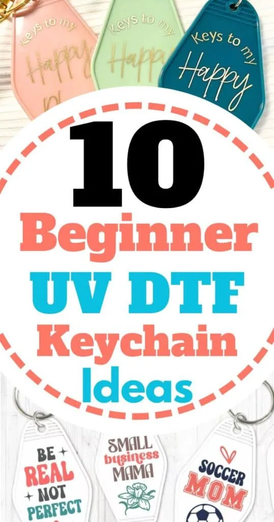 Six motel keychains with uv dtf transfer decals on them.