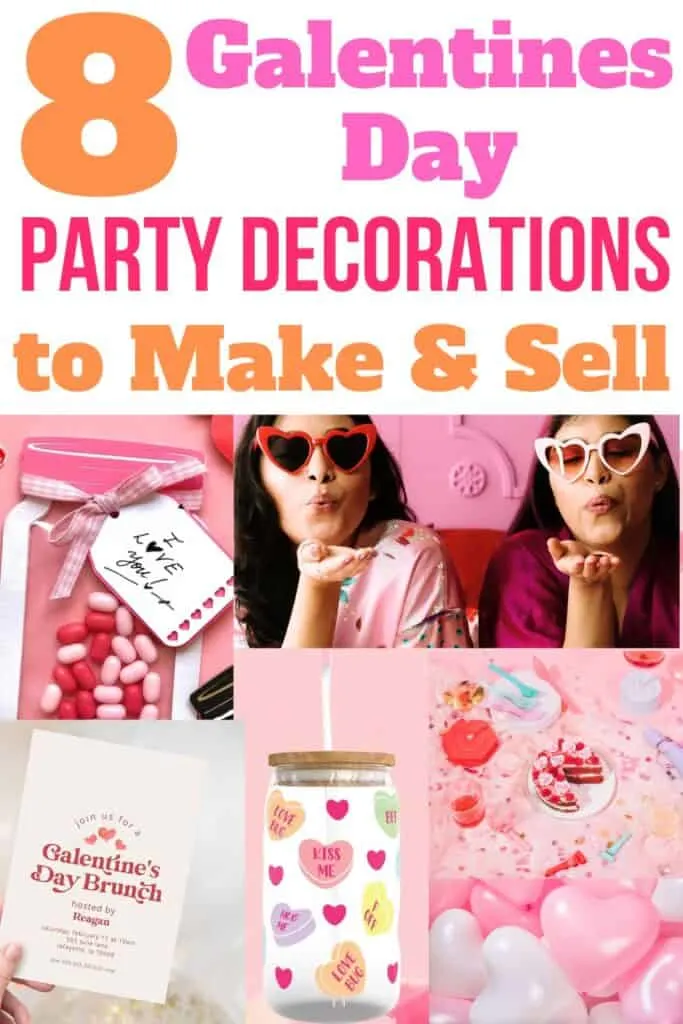 Two girls wearing heart-shaped sunglasses and blowing kisses. Galentine's day decorations like invitations, a mason jar shaped candy packet, heart balloons and a cake with with food and confetti on a table.