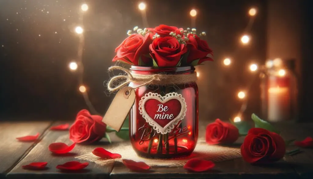 A mason jar placed on a wooden slat table with scattered red rose petals and a soft-focus background with warm bokeh lights, evoking a romantic atmosphere for Valentine's Day.