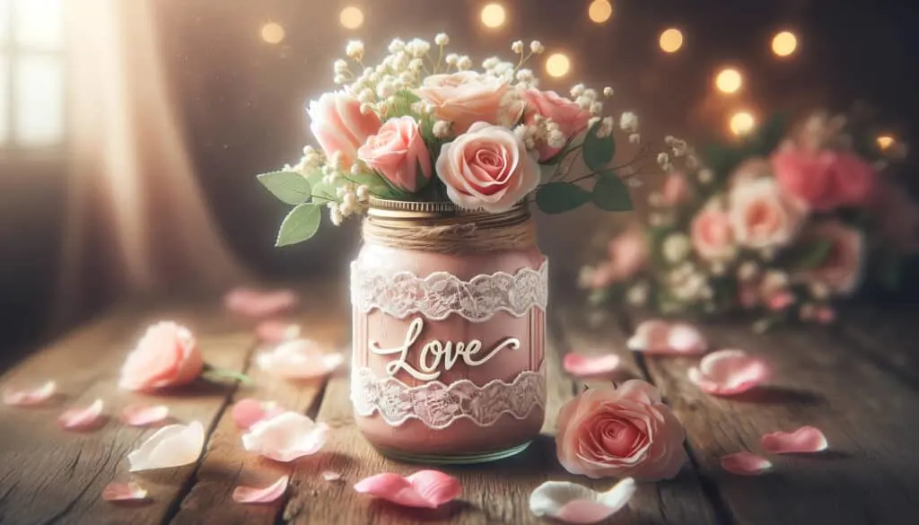 A mason jar placed on a rustic wooden table with scattered rose petals and a soft-focus background with warm bokeh lights, evoking a romantic atmosphere suitable for Valentine's Day.